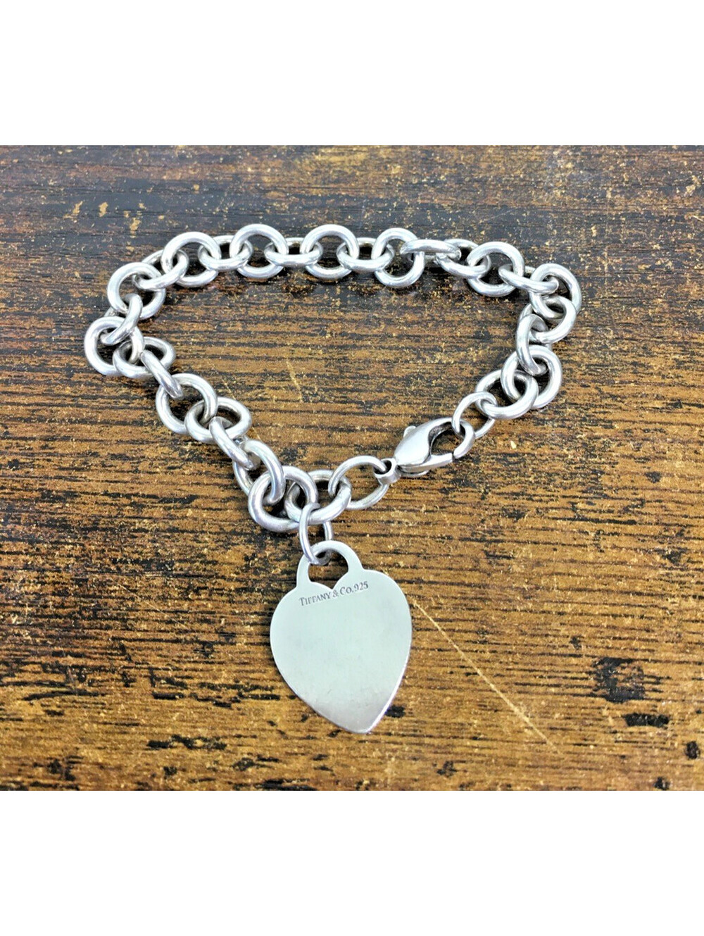 Tiffany & Co Sterling Silver Blank Heart Tag Charm Bracelet 8" Return to Tiffany